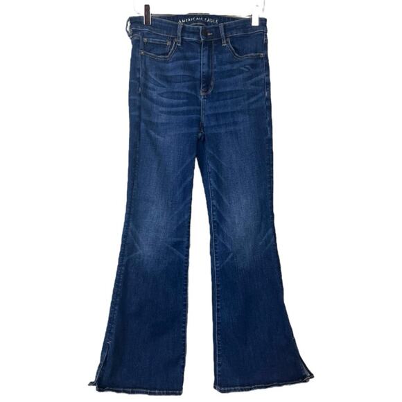 American Eagle Jeans Super High Rise Flare Medium Wash Stretch Women’s Size 8S - Picture 1 of 7